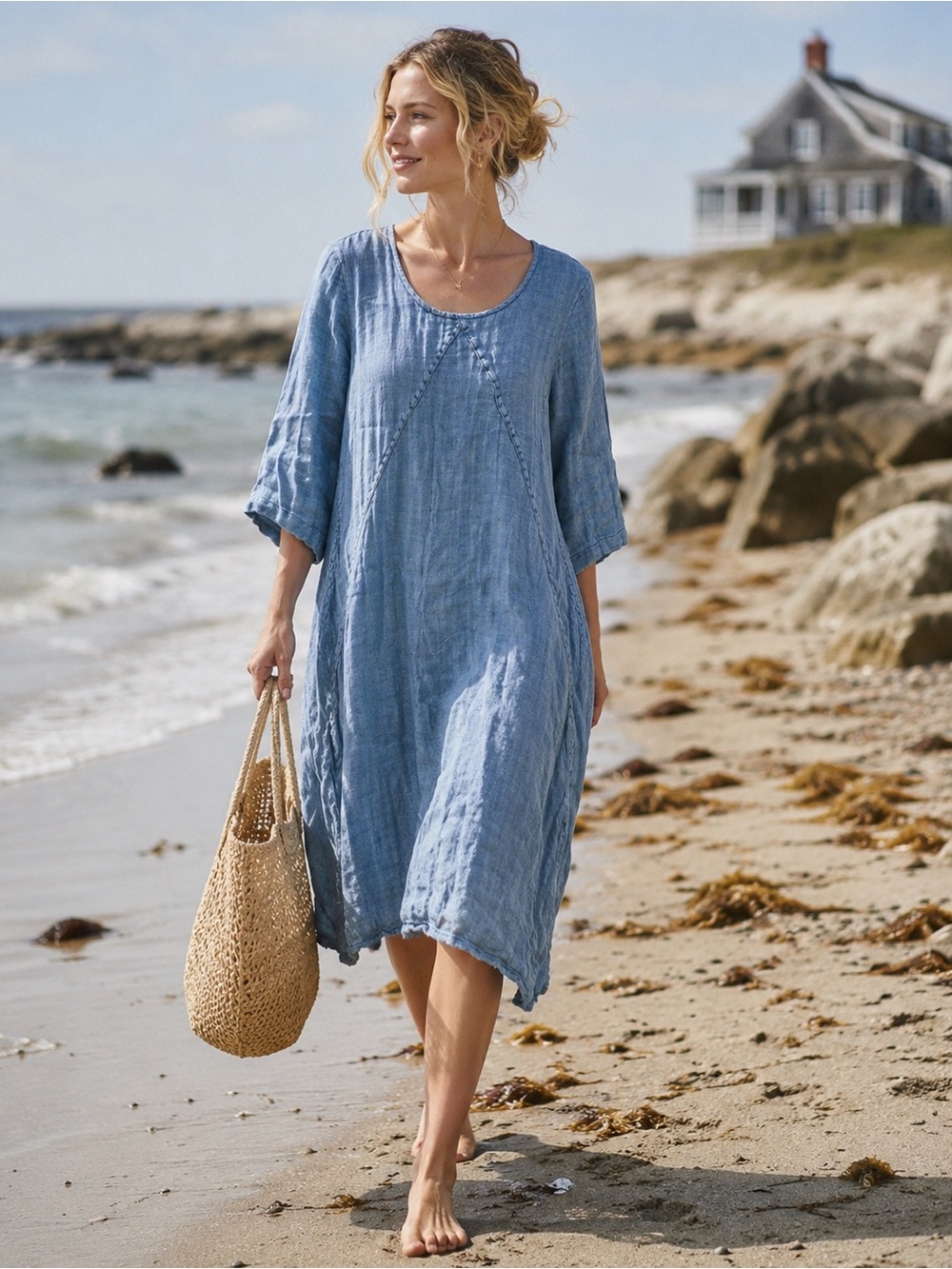 Flax blue linen midi dress size small